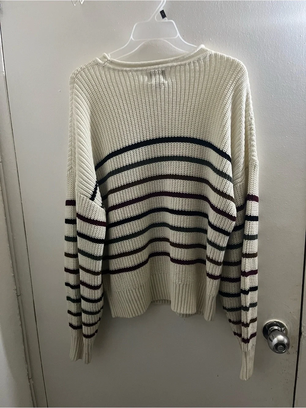 GAP Cream Crewneck Sweater with Navy and Burgundy Stripes - Picture 2 of 6